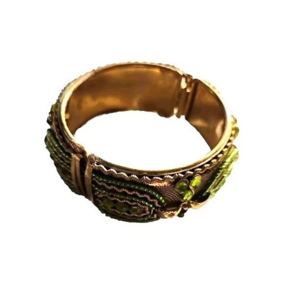 Vtg Gold-Tone Hinged Bangle Bracelet Green Beads statement - Picture 1 of 6